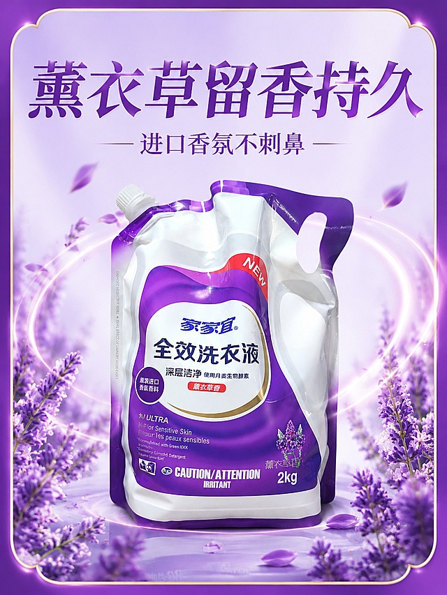 「图片1」生成一套主图（5张），商品名称是家家宜全效洗衣液，净含量2kg，卖点是酵素深层去污渍
薰衣草留香持久
温和呵护敏感肌
两公斤大容量装
进口香氛不刺鼻
全家衣物都适用，突出商品卖点，规格是2kg袋装陈列设计，并配有清洗衣物后衣物干净留香，不能出现平台官方违规词，结合电商爆款主图边框设计，吸睛力超强，用户看到要点击的感觉，适配电商平台，主图比例为3:4