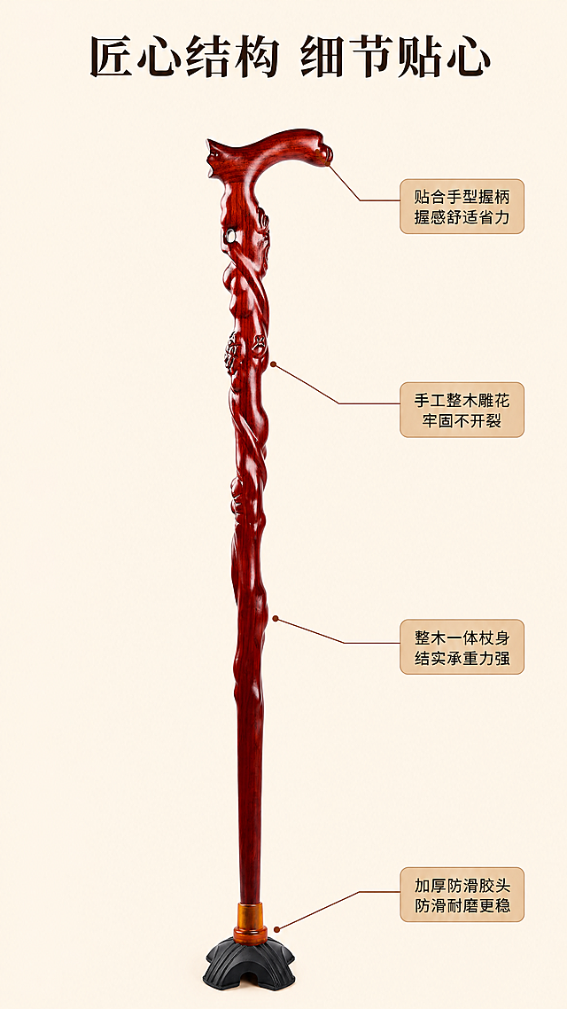 [第3屏] 结构解析-整根拐杖核心结构细节引线说明。
[氛围/风格] 专业清晰产品解析风，背景干净留白充足，重点突出细节卖点。
[元素布局] 拐杖整体居中竖直摆放，占据画面60%-70%，结合用户提供的图1、图2、图3、图4分别展示整体和局部结构，保持红木质、雕花握柄、整体长度、防滑胶头的结构和颜色完全一致。使用细棕色引线从四个关键部位引出，标注每个部位的设计优势。画面顶部预留主标题区域，底部留白不拥挤。
[光影质感] 正面均匀柔光，每个细节部位都清晰呈现，木质纹理和雕花凹陷都有明暗层次，产品立体感强。
[配色色系] 全局底色：#F5F0E6（保持同浅米暖调）；主配色：#9A2E13（红木）+#333333（文字引线）；辅助色：#D9B38C（浅棕标签底）。
[视角构图] 正面居中竖直构图，整体产品完整展示，引线标注清晰不交叉，每个标注对应准确结构。
[文字版式] 顶部主标题「匠心结构 细节贴心」，居中加粗深棕色字体。四个引线标注分别为：1. 从龙头手柄处引出「贴合手型握柄 握感舒适省力」；2. 从藤缠雕花处引出「手工整木雕花 牢固不开裂」；3. 从整根杖身引出「整木一体杖身 结实承重力强」；4. 从底部胶头处引出「加厚防滑胶头 防滑耐磨更稳」。每个标注文字放在浅棕色圆角标签中，字体清晰，手机阅读不费力。
[比例分辨率] 9:16竖版比例，4K分辨率，文字清晰可辨，超高清。
[负向提示词] 拐杖结构错乱，手柄变形，胶头缺失，文字错乱重叠，颜色偏差，产品模糊，背景杂乱。