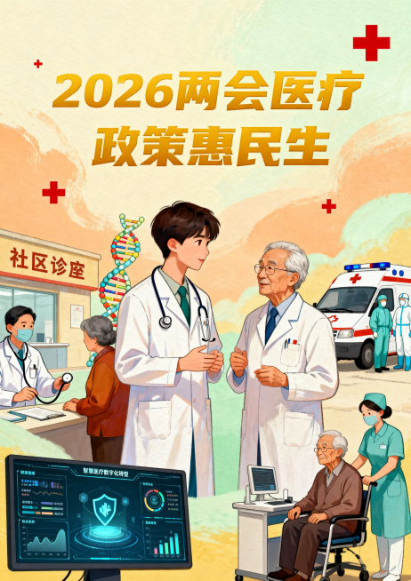 紧扣2026年两会医疗卫生相关政策主题的宣传插画，融合基层医疗服务能力提升、医学人才建设、公共卫生应急体系完善、智慧医疗数字化转型、老年医养结合等元素，画面中加入听诊器、DNA链、红十字等医学符号，搭预览效果