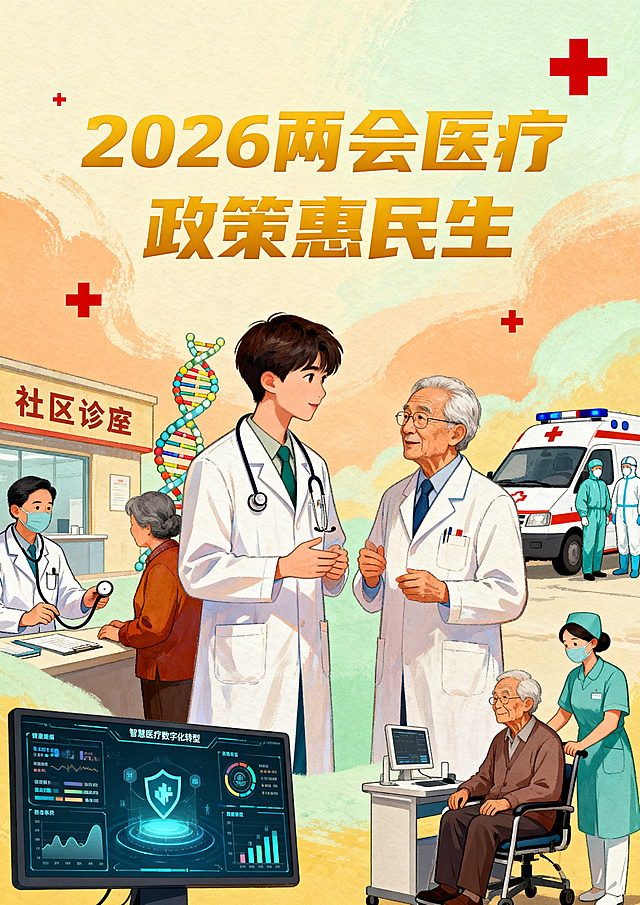 紧扣2026年两会医疗卫生相关政策主题的宣传插画，融合基层医疗服务能力提升、医学人才建设、公共卫生应急体系完善、智慧医疗数字化转型、老年医养结合等元素，画面中加入听诊器、DNA链、红十字等医学符号，搭配“2026两会医疗政策惠民生”的清晰文字，整体风格大气温暖，兼具思想性与艺术性，体现医学专业特色，原创设计。