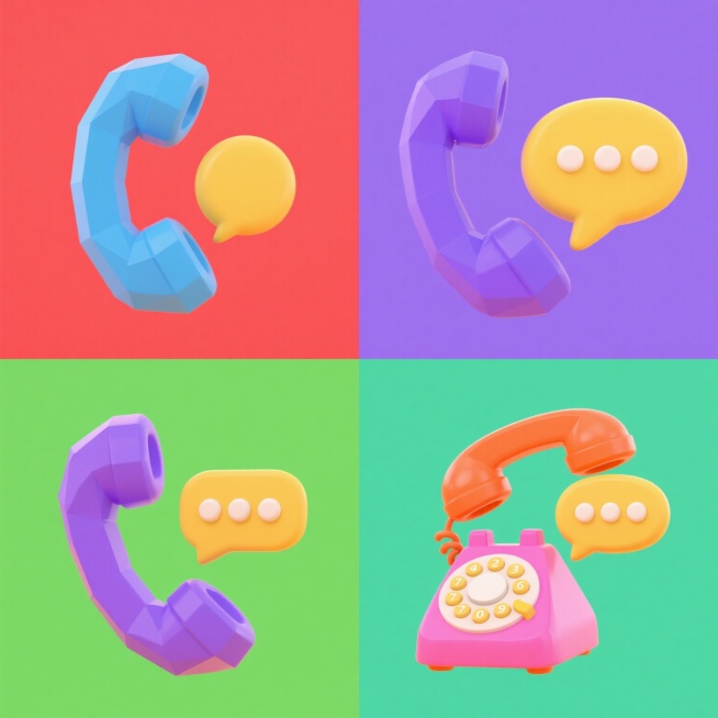 六个不同造型的3D卡通电话元素系列，每个电话造型独特（如旋转角度、听筒弯曲度、按键排列方式、话筒大小比例等均有明显区分），均保持圆润光滑的C4D低多边形风格，表面有细腻的哑光质感和轻微高光，纯色背景（每个素材背景颜色完全不同，如红、蓝、绿、紫、橙、粉），整体色彩明快鲜艳，元素内容完整保留电话听筒和带三个圆形按键的黄色对话气泡核心元素，六个素材规整排布成集合展示，构图平衡，视觉统一且富有变化。预览效果