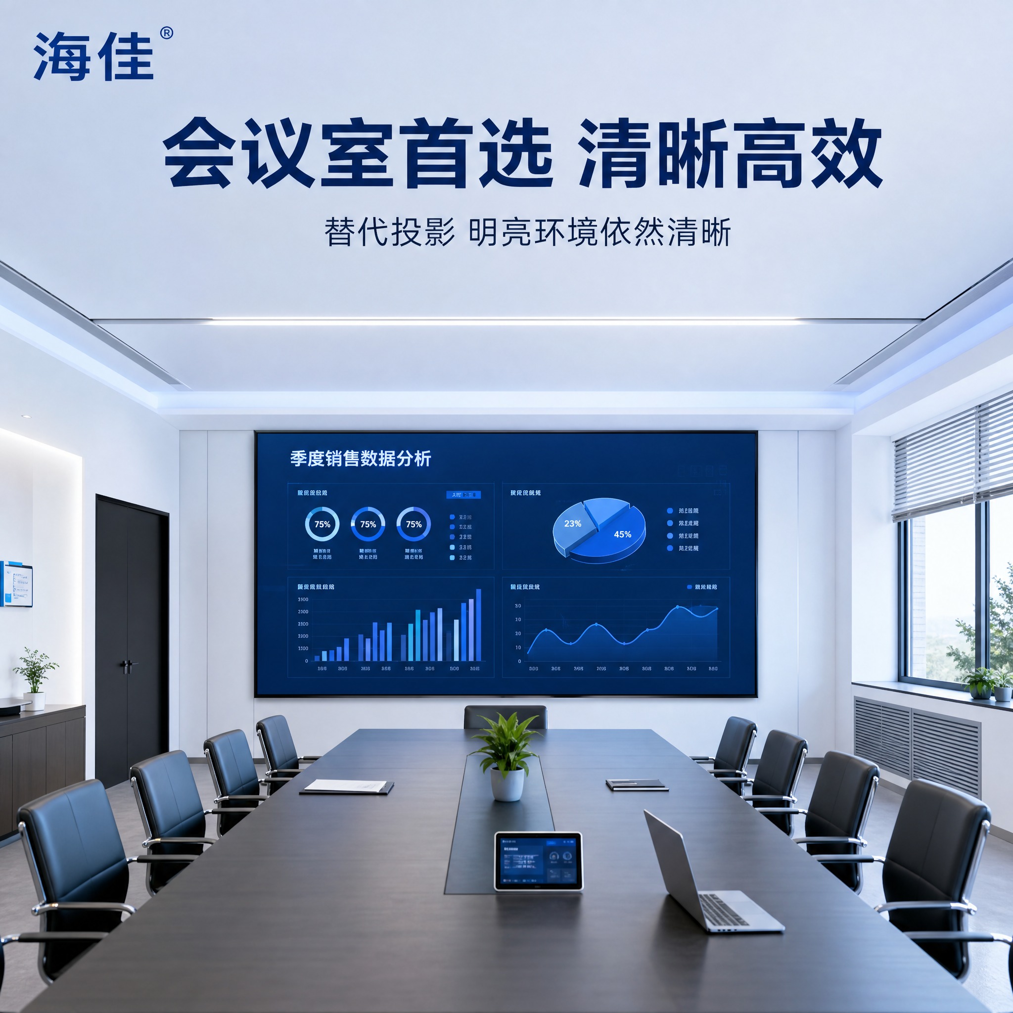 电商主图，海佳LED显示屏会议室真实使用场景。浅淡蓝色科技风。… - 图片创意预览