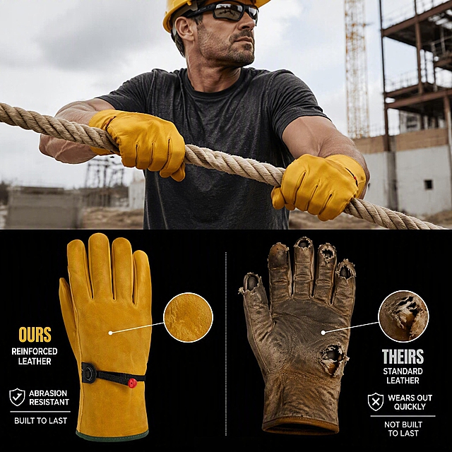 Split‑layout commercial A+ graphic, upper half: male worker wearing yellow leather work gloves pulling thick heavy rope at construction site, bright overcast outdoor daylight; lower half black background, side‑by‑side comparison: left is intact reinforced leather glove, right is heavily worn torn competing glove, highlight abrasion resistance feature, reserved large headline space on top, realistic industrial commercial photo
