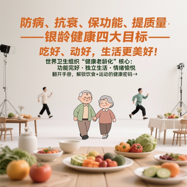 以下是为“守护银龄健康，管理为先：老年人科学健康管理指导-饮食运动篇”设计的科普系列海报框架及内容，采用温暖亲切的图文风格，结合老年人认知习惯，突出“易懂、实用、安全”核心，分“饮食篇”和“运动篇”两预览效果