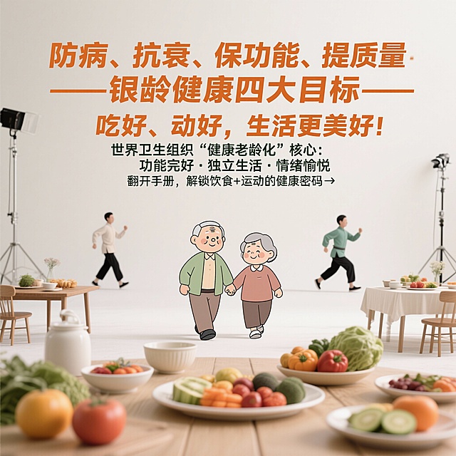 以下是为“守护银龄健康，管理为先：老年人科学健康管理指导-饮食运动篇”设计的科普系列海报框架及内容，采用温暖亲切的图文风格，结合老年人认知习惯，突出“易懂、实用、安全”核心，分“饮食篇”和“运动篇”两大模块呈现：
系列海报主题：《银龄安康宝典——饮食运动科学管理指南》
整体风格：暖色调（米白、浅橙、淡绿）+ 手绘卡通老年形象 + 大字体重点标注，内容模块化，搭配“小贴士”“顺口溜”增强记忆点
海报1：封面——银龄健康，从“管理”开始！
主标题：
“守护银龄健康：吃好、动好，生活更美好！”
副标题：
世界卫生组织“健康老龄化”核心：功能完好·独立生活·情绪愉悦
视觉元素：

卡通爷爷奶奶牵手散步，背景是餐桌（摆满蔬果）和运动场景（太极、快走），上方标语“防病、抗衰、保功能、提质量——银龄健康四大目标”。
底部引导：
“翻开手册，解锁饮食+运动的健康密码→”