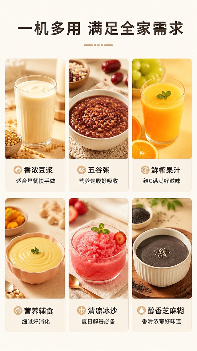 [第7屏] 详情页功能成果拼图-展示多种模式制作成品。
[氛围/风格] 清新生活风，美食成品展示，唤起购买欲，暖调光影。
[元素布局] 顶部主标题，页面分成六个小方格，两排三格布局，每格展示一种模式的对应成品：豆浆、五谷粥、果汁、辅食、冰沙、芝麻糊；每格配文字说明，保持整体干净清爽，食物诱人。
[光影质感] 每格单独柔光打光，食物纹理清晰，色彩自然饱和，看起来新鲜可口。
[配色色系] 全局底色 #FAF8F3；每个小方格浅米色底，文字深灰，主色用食物本身色彩点缀。
[视角构图] 网格排版，均衡布局，从上到下两排，整体对称和谐。
[文字版式] 顶部标题「一机多用 满足全家需求」，每个方格下方标注模式名称+适用场景：比如香浓豆浆「适合早餐快手做」，营养辅食「细腻好消化」；文字小巧清晰，不遮挡食物主体。
[比例分辨率] 宽度1080px，高度1920px，9:16竖版比例，4K分辨率，文字清晰可辨，高清画质。
[负向提示词] 食物变形，文字错乱，文字过小，色彩失真