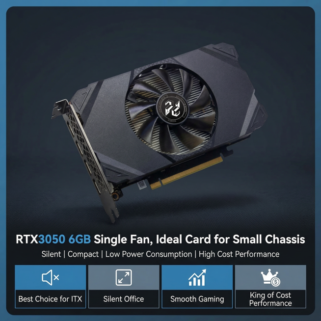 亚马逊主图8，主体为单风扇RTX3050 6GB显卡斜45°全景+底部卖点标签，居中大气+卖点标签构图，黑灰蓝统一渐变背景，文案大标题：RTX3050 6GB Single Fan, Ideal Ca预览效果