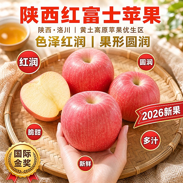 京东生鲜电商主图，800×800像素，1:1正方形。主题：陕西红富士苹果·竹制托盘场景（无箱子）。45度俯拍视角，8K高清商业摄影质感，极致虚化背景。画面中央偏下：一只手从下方轻轻托举1个陕西红富士苹果，其余3个苹果错落摆放在竹制托盘上：2个完整（1中1小）、1个瓣状切片露出嫩黄果肉。苹果外观与参考图一致：红粉色果皮带细密白色果点、表面有自然光泽、果形圆润饱满、果肉嫩黄多汁。手为自然肤色，手指修长干净，托举动作轻柔自然。背景为竹制托盘，竹编纹理清晰自然，旁边有一杯清茶和麻布巾，午后暖阳光线从侧上方照入，形成柔和光影，背景极致虚化。画面中不出现任何苹果包装箱。顶部文字：主标题“陕西红富士苹果”，粗黑体、大号、橙红色；副标题“陕西·洛川｜黄土高原苹果优生区”，中等黑体、中号、金色；八个字卖点“色泽红润｜果形圆润”，粗黑体、大号、深黄色。在手托苹果的右侧，紧挨苹果旁边放置红色丝带状标签，上面写“2026新果”白色字体，带金色细描边，扁平无阴影，不遮挡苹果主体。5个圆形卖点标签环绕苹果周围：左上方“红润”大号字、右上方“圆润”中号字、左下方“脆甜”小号字、右下方“多汁”中号字、正下方“新鲜”小号字，圆形标签内字体为白色粗圆体、深色描边。左下角放置荣誉标签“国际金奖”。整体色调清新自然，突出苹果的色泽与品质感。文字清晰可读，不遮挡苹果主体。无英文字母、无拼音、无尺寸标注、无水印、无平台Logo。