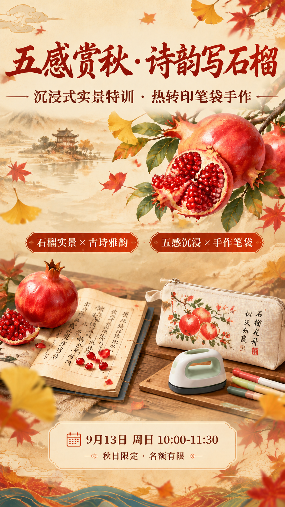 基于这张国风秋日石榴活动海报进行修改： 1. 去掉底部的"扫码… - 图片创意预览