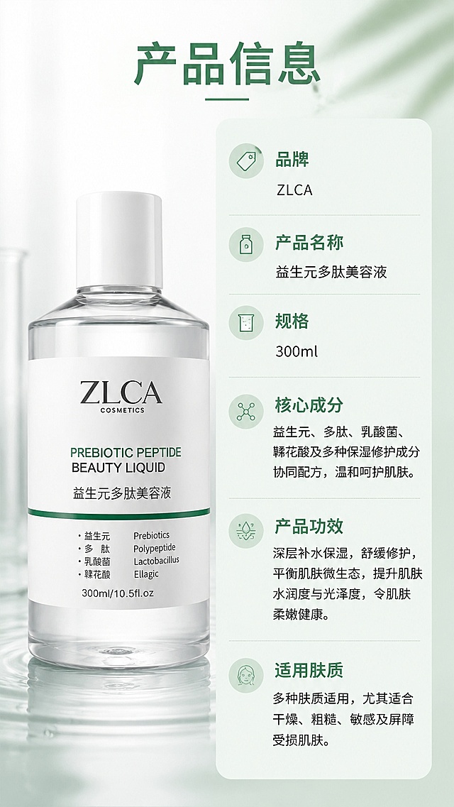 [第10屏] 产品规格信息屏-益生元多肽美容液产品参数说明。本屏使用【图1】作为商品主体。
[氛围/风格] 规整信息风，清晰参数展示，专业护肤质感。
[元素布局] 左半部分放置产品瓶身，占比约40%，右半部分放置竖向参数信息表，占比约50%。瓶身外观与输入产品图一致，参数表信息分行清晰排列。
[光影质感] 均匀布光，产品轮廓清晰，文字信息清晰，整体干净整洁。
[配色色系] 全局底色 #F8FBFA；主色浅绿背景，深绿色标题黑色参数文字。
[视角构图] 左产品右参数左右分栏构图，信息一目了然，阅读从左到右再从上到下。
[文字版式] 顶部主标题「产品信息」，参数表依次展示：品牌ZLCA、产品名称益生元多肽美容液、规格300ml、核心成分、产品功效、适用肤质，文字分行清晰，手机端可读，不拥挤。
[比例分辨率] 9:16竖版比例，4K分辨率，文字清晰可辨，高清画质。
[负向提示词] 瓶身变形，参数错乱，文字过小，颜色偏差，水印