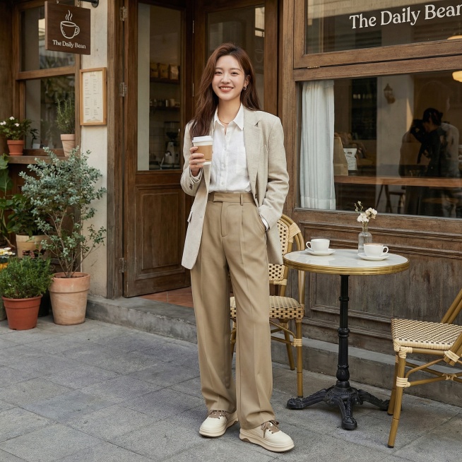 生成这双奶咖拼色厚底板鞋搭配卡其色西装裤的电商穿搭场景图，年轻女性穿着，背景是文艺咖啡馆门口，轻熟干练风格预览效果