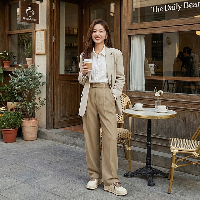 生成这双奶咖拼色厚底板鞋搭配卡其色西装裤的电商穿搭场景图，年轻女性穿着，背景是文艺咖啡馆门口，轻熟干练风格