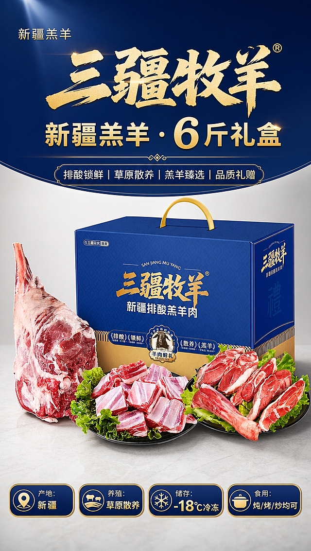 [商品] 使用【图1】三疆牧羊新疆排酸羔羊肉礼盒全家福（深蓝礼盒+整扇羊腿+肋排+羊腱子，肉品垫绿色生菜叶）；保留礼盒深蓝底金色装饰、金色提手、"三疆牧羊"金色书法Logo、"新疆排酸羔羊肉"白色字样、排酸/锁鲜/散养/羔羊徽章、羊肉鲜礼圆形标；保留羊肉真实肌理、脂肪分布、红色肉质、生菜绿叶衬托；商品处理：清晰化礼盒表面文字和Logo，增强羊肉肉质纹理光泽和新鲜度，不改变产品结构和颜色。
[画面] 目标：首屏主视觉，突出产品全貌与高端礼赠感。构图：上文下图，顶部标题区占30%，中部产品主体占60%，底部属性标签占10%。主体位置：画面中下部，礼盒居中靠后，前方左右两侧摆放整扇羊腿和肋排拼盘，肉品垫生菜叶。主体占比：产品整体占画面65%。景别：中景全景。阅读动线：从上到下，先看标题再看产品。前中后景：前景生菜叶和肉品特写、中景礼盒主体、后景浅灰渐变背景。
[视觉] 套系策略：风格=京东高端生鲜礼赠商业摄影风；标题字=粗黑体+金色渐变，厚重有力；正文字=简洁无衬线黑体；主色=深蓝(#1a3a7c)+金色(#d4af37)；背景延展=浅灰白渐变底，顶部深蓝渐变条做标题底；强调色=金色，用于关键数字、图标、标签描边；标题色=金色/白色；正文色=深灰/白色；组件=圆角深蓝信息卡、金色细线引线、金色胶囊标签；光影=左前侧柔光，产品底部自然投影，礼盒金色装饰有金属光泽。
[文字] 顶部深蓝渐变条内：左上角小字"新疆羔羊"，中间大字"三疆牧羊"，下方副标题"新疆羔羊·6斤礼盒"金色加粗。底部属性区：4个金色胶囊标签横向排列，分别为"产地：新疆""养殖：草原散养""储存：-18℃冷冻""食用：炖/烤/炒均可"，-18℃和6斤数字加大金色突出。文字全部横向排版，不遮挡产品主体。
[规格] 图片比例9:16竖版，4K分辨率，quality=medium。避免：变形、错字、文字过小、肉色失真、礼盒颜色改变、出现京东Logo/水印、极限词。