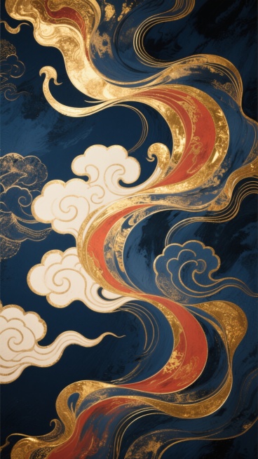 中国传统风格的抽象流体艺术，以深邃的藏蓝色为背景，点缀着流动的金色、赭红色和米白色云纹图案，金色线条勾勒出飘逸的曲线和漩涡状纹理，色彩过渡自然柔和，整体呈现出华丽而神秘的东方韵味，具有浓厚的水墨晕染质感和金属光泽，画面层次丰富，流动感强，营造出庄重典雅又富有动感的视觉效果。预览效果