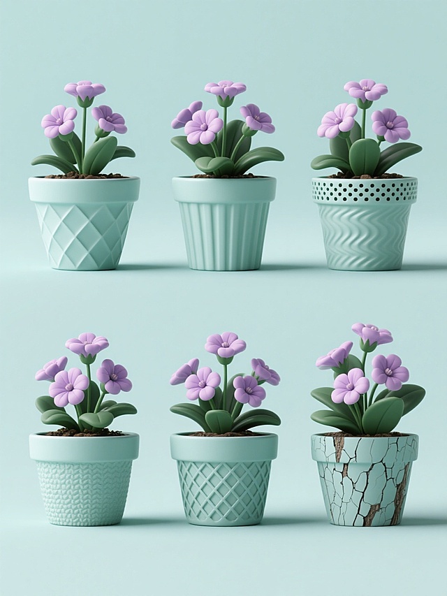 一套六个不同纹理花盆的花卉素材集合，每个花盆中都栽种着与原图中形态、姿态、数量完全一致的紫色花朵和绿色叶片，保持高清晰的3D写实质感和细腻光影表现，整体画面采用纯色背景。六个花盆呈规整的矩阵式排布，每个花盆的纹理各不相同，分别为：1. 菱形几何浮雕纹理 2. 竖条纹磨砂质感 3. 点状镂空图案 4. 波浪曲线纹路 5. 网格编织肌理 6. 树皮般自然裂纹效果，所有花盆及花卉整体色彩变换为清新的薄荷绿主色调，花朵呈现柔和的淡粉色，叶片为深橄榄绿，保持统一的色彩和谐度与视觉连贯性。