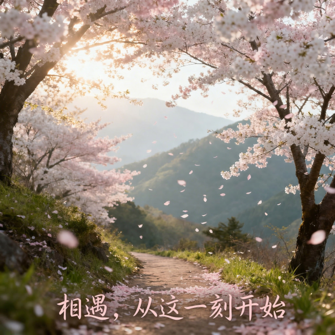 在春日樱花山径风景图的下方添加美观的艺术字体文字“相遇，从这一刻开始”，文字风格柔和清新，和画面氛围协调，不遮挡主体风景预览效果