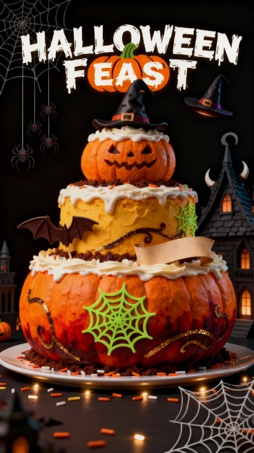 万圣节海报，主体为三层堆叠的南瓜蛋糕，顶部装饰女巫帽造型糖霜，侧面插有蝙蝠翅膀巧克力，背景是深黑色，左侧有倒挂的蜘蛛群和蜘蛛网，右侧是哥特式倒钩屋顶，上方漂浮女巫尖帽，底部有发光糖屑散落。主标题“HA预览效果