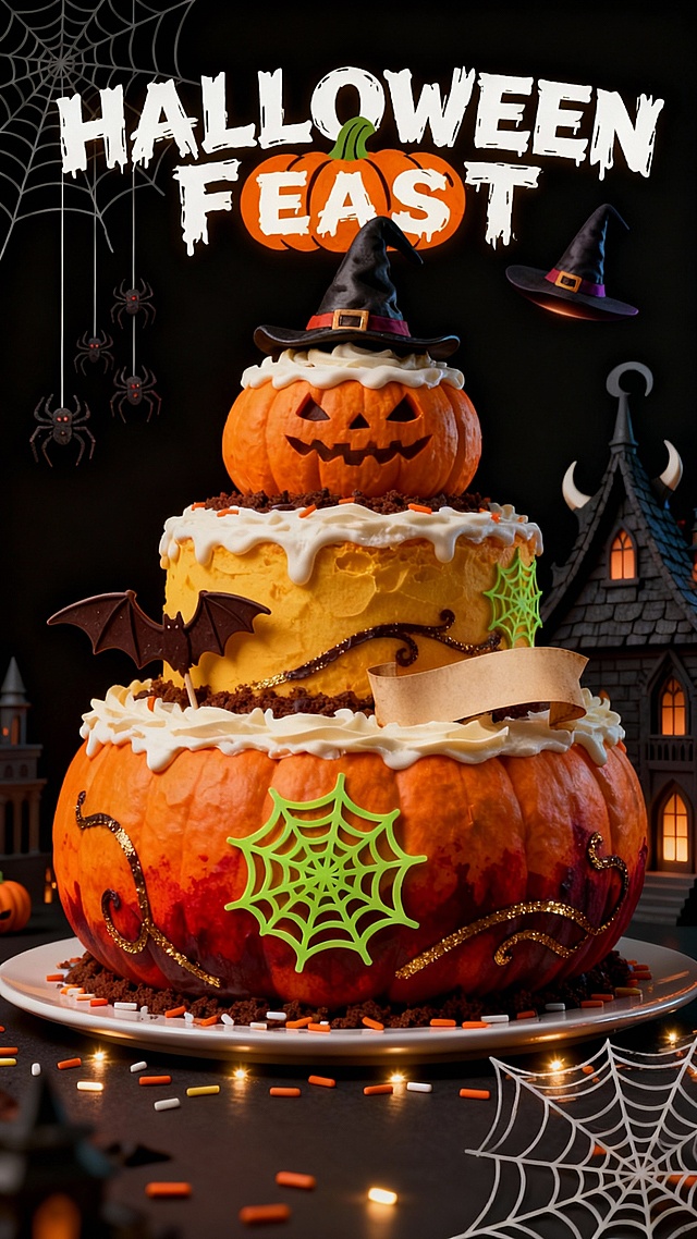 哥特风格与3D风结合，重拟物南瓜蛋糕层层堆叠，霓虹灯风文字点亮“HALLOWEEN FEAST”，营造神秘惊悚又梦幻的万圣节盛宴氛围。