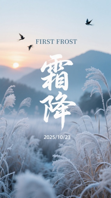 画面主体是一片覆着薄霜、呈现出清冷蓝白色调的芦苇丛，背景是朦胧远山与带着暖色调的落日，几只飞鸟点缀天空，营造出深秋时节静谧又略带萧瑟的氛围。上方有英文 “FIRST FROST”，中间是书法字体的 “预览效果