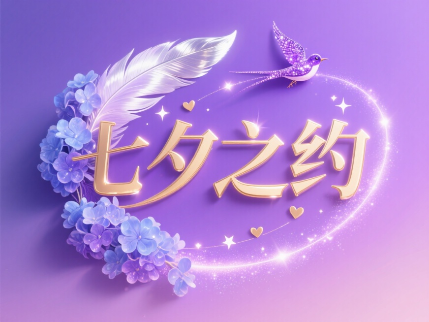 横向金色文字"七夕之约"。薰衣草紫渐变背景 + 香槟金文字，喜鹊羽毛采用珠光紫与银白渐变，花朵为半透明蓝紫绣球花簇，文字笔画间流淌银河光带，点缀微型爱心星轨

=预览效果