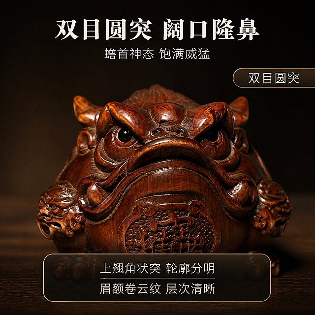 【拼多多主图第3张 蟾首细节】1:1 方形电商主图，新中式深色静物商业摄影。
[产品保真 最重要] 严格保持输入图外观：深红棕色黄杨木雕金蟾的蟾首局部——圆突双眼、上眼眶隆起，宽扁大口，隆起的鼻头，头顶两侧上翘的角状突，眉部与额部有卷云状刻纹，面部起伏饱满。眼、口、鼻、角状突与卷云眉纹的形态与位置必须与输入图完全一致，不得改成青蛙、牛或其他动物面庞。
[构图] 蟾首局部特写占画面中部约62%，正视微仰角度、居中；上部预留标题区，右侧一枚水平细长条形标签（宽大于高、横向展开，内写横向单行文字“双目圆突”）；下方为深棕黑半透明圆角信息卡（暗金细线边框）；背景深棕黑渐变干净虚化，下方深胡桃木台面有真实接触阴影。
[光影质感] 左上45度暖柔光，木雕表面油润温润反光，眼、鼻、口与卷云眉纹的刀痕层次清晰，暖琥珀色温。
[配色] 深棕黑背景、深胡桃木台面；标题暖米白，正文浅暖灰，强调暗金。
[文字版式] 上部居中主标题“双目圆突 阔口隆鼻”（宋体类衷线粗体、暖米白、最大字号），下方副标题“蟾首神态 饱满威猛”（浅暖灰、字号缩小一半）；下部信息卡两行横向小字“上翘角状突 轮廓分明”“眉额卷云纹 层次清晰”；所有文字一律横排单行。
[禁止] 文字竖排、上下堆叠、单字竖列或旋转；竖向高窄标签；任何尺寸或重量数字；功效类文案与绝对化用语；平台Logo、水印、二维码、装饰边框；标签与主体错位。