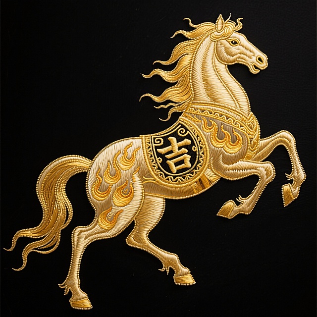 主体是纯金色奔马（马身饰 “吉” 字纹样和火焰金纹，鬃尾呈狂放飘逸质感），风格华贵喜庆。纯黑色背景，氛围感拉满。