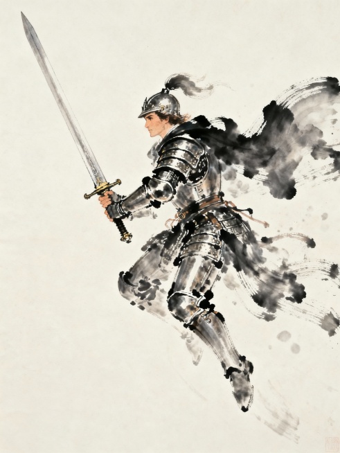 生成600×800像素，水墨画风格，描绘一个西方骑士御剑飞行预览效果