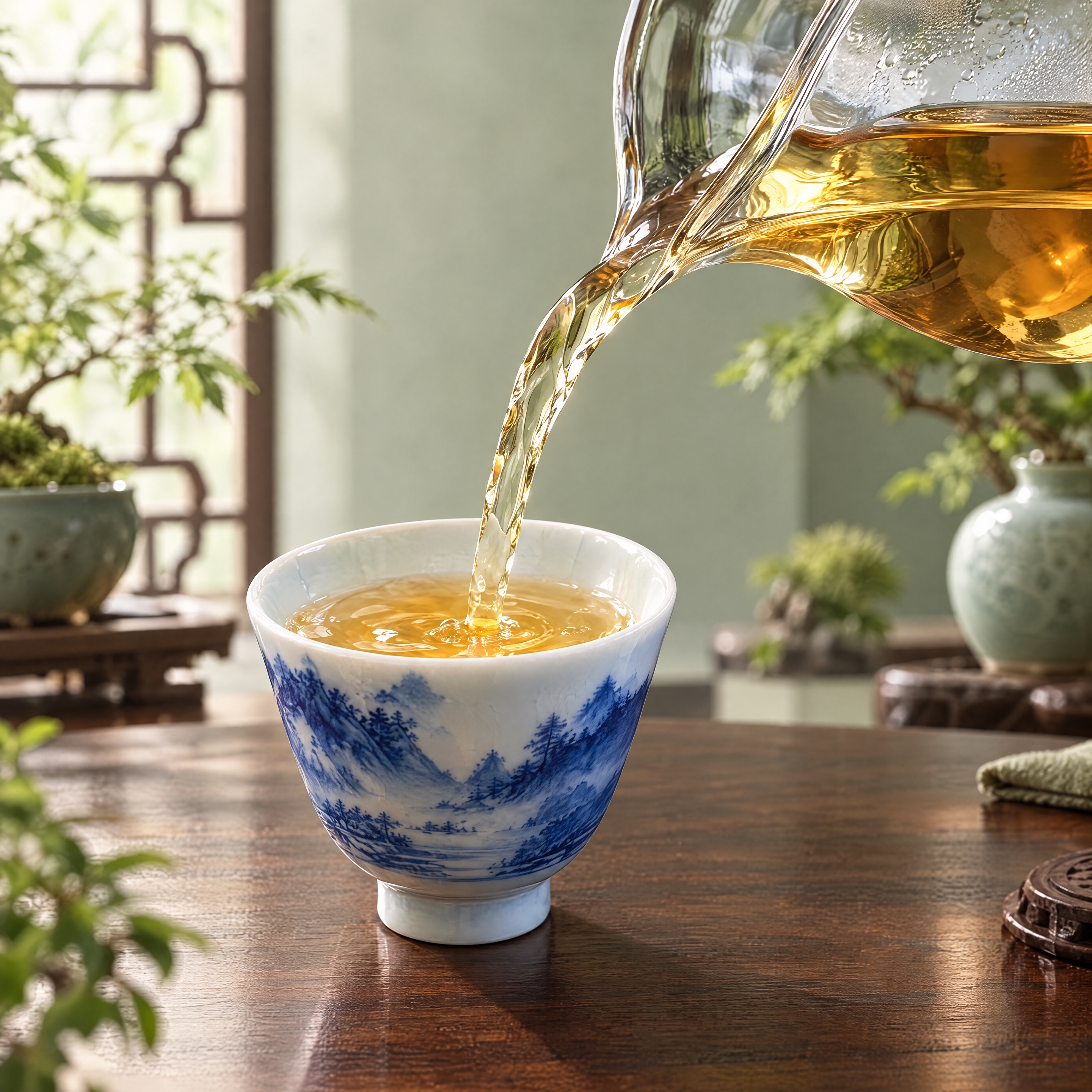 参考图1的构图和倒茶动作：玻璃公道杯往青花瓷山水纹品茗杯中倒茶… - 图片创意预览