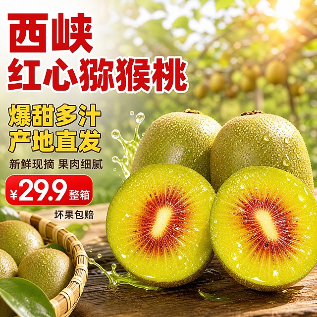 西峡红心猕猴桃电商主图首图，拼多多风格大字直白高性价比。画面右侧居中摆放2个完整绿皮猕猴桃和2块切开的红心猕猴桃切面，切面朝向镜头展示红心放射状纹理和饱满多汁果肉，果肉上有晶莹水珠，旁边有几滴果汁飞溅动态效果，主体占画面约65%。背景是虚化的猕猴桃果园场景，阳光透过树叶洒下光斑，远处隐约可见猕猴桃藤架，营造产地直发新鲜氛围。左下角有一个竹编篮子局部，里面放着几颗猕猴桃。自然暖阳逆光从右上方照射，果肉通透有光泽，果皮纹理清晰，水珠有高光反射，阴影柔和自然，商业摄影质感新鲜诱人。左侧上方大红色粗黑体主标题文字「西峡红心猕猴桃」，下方金黄色粗体字「爆甜多汁 产地直发」，再下方深棕色小字「新鲜现摘 果肉细腻」。左下角有红色圆角价格标签「¥29.9 整箱」，旁边小字「坏果包赔」。文字都放在左侧负空间，不遮挡猕猴桃主体。1:1正方形比例，文字清晰可读，产品清晰真实，禁止变形错字模糊杂乱水印平台Logo二维码。