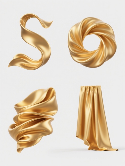 4K超高清3D渲染金色丝绸系列素材集合，保持原有的奢华金色渐变色调、细腻光滑的丝绸质感、明亮高光与柔和阴影的光影效果，纯色白色背景。画面以规整排布的方式呈现四个完全不同造型的金色丝绸：第一个为优雅S形飘逸曲线，第二个呈灵动环形漩涡状，第三个是层叠翻卷的波浪形态，第四个为垂直垂落并带有自然褶皱的垂坠造型。每个丝绸造型均保留原图中丝绸的柔软光泽和流动感，整体构图对称平衡，视觉层次清晰，适合作为高端……预览效果