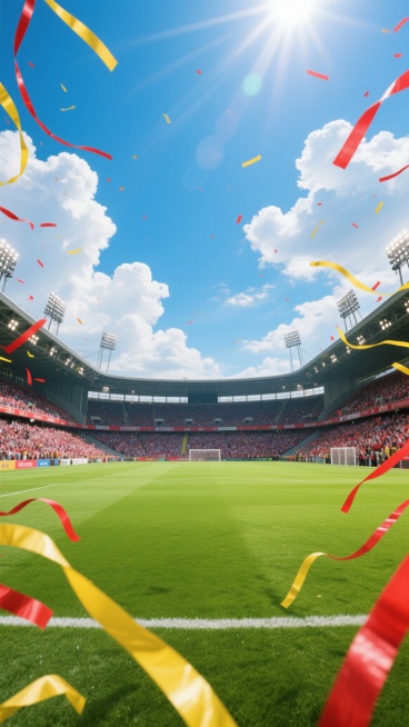 晴朗的蓝天飘着几朵蓬松的白云，阳光从云层间洒落，照亮了一个宏伟的足球场。绿色的草坪修剪得整整齐齐，泛着健康的光泽。四周是高耸的看台，坐满了观众，看台上空飘扬着无数红色和黄色的彩带，营造出热烈而欢庆的氛围。体育场顶部的灯光设备清晰可见，整体画面充满了活力和运动的激情，展现出足球场的宽阔与壮观。预览效果