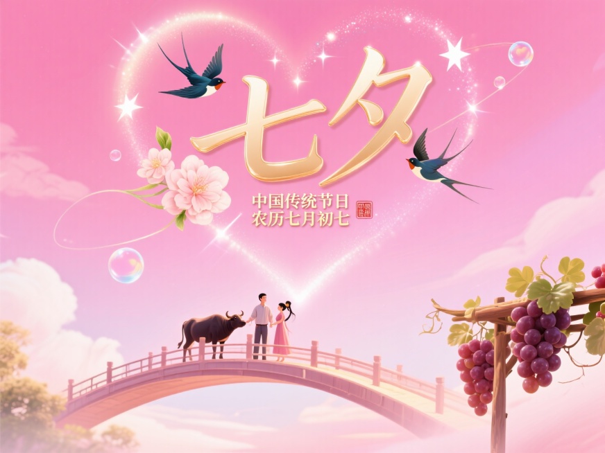 横向金色文字"七夕"要柔和些加小标题”中国传统节日“ ”农历七月初七“和小印章。创意字体设计点缀两只喜鹊、花朵元素，线条流畅，高级感，粉色背景，高纯度配色。天空设计一些闪亮的心型汽泡，闪闪的星星环绕成预览效果
