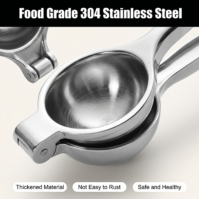[Main Image 3] Material detail display of stainless steel manual lemon squeezer. [Atmosphere Style] Close-up detail display style, clean and professional. [Image Quality] Commercial macro photography texture, clear detail, high definition texture, advanced picture. [Elements] Macro close-up of the squeezer's inner wall and hinged part, magnify the delicate stainless steel brushed texture, show the thick material and smooth grinding process. Keep the product material, structure and color consistent with the input picture, no deformation and color difference. The magnified detail area occupies 60%-70% of the picture, full-screen borderless. [Lighting] Side backlighting, highlight the metallic texture and thickness of the material, the texture transition is natural and three-dimensional. [Color Matching] Light off-white background, silver stainless steel highlights the material texture. [Perspective Composition] Close-up perspective, focus on the material detail area, clear layers. [Text Layout] Top center main title "Food Grade 304 Stainless Steel" bold, bottom center three small labels "Thickened Material", "Not Easy to Rust", "Safe and Healthy", the text is clear and contrasting, does not cover the key details. [Proportion Resolution] 1:1 ratio, 2k resolution, clear and sharp text, ultra-high definition picture. [Negative Prompt] Deformation, watermark, text disorder, blurred texture, messy background, excessive color.