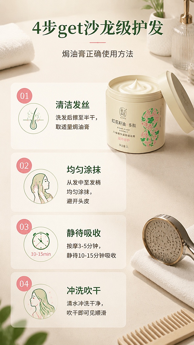 [第5屏] 使用步骤页 - 焗油膏正确使用方法，4步打造沙龙级护理。本屏使用【图1】作为产品展示，置于步骤1旁。
[氛围/风格] 清新居家风，柔和自然光，步骤清晰易懂，生活感场景。
[元素布局] 画面纵向分为4步，从上到下排列，每步配圆形步骤编号+动作小图+文字说明；第1步旁放置产品罐开盖展示膏体质地；背景为浅米色浴室台面，有毛巾、梳子、花洒等浴室元素点缀；整体为生活方式场景感。
[光影质感] 顶部柔和自然光，物体有自然投影，整体明亮温馨，膏体有柔润光泽。
[配色色系] 全局底色 #FAF6EF（暖米白）；主色深绿步骤标题；辅助色豆沙粉编号、浅绿图标；点缀色白色毛巾。
[视角构图] 纵向步骤流，从上至下阅读，每步左编号右图右文布局。
[文字版式] 顶部主标题「4步get沙龙级护发」居中；步骤1：圆形编号「01」+标题「清洁发丝」+描述「洗发后擦至半干，取适量焗油膏」；步骤2：编号「02」+标题「均匀涂抹」+描述「从发中至发梢均匀涂抹，避开头皮」；步骤3：编号「03」+标题「静待吸收」+描述「按摩3-5分钟，静待10-15分钟吸收」；步骤4：编号「04」+标题「冲洗吹干」+描述「清水冲洗干净，吹干即可见顺滑」；每步文字清晰，移动端可读。
[比例分辨率] 9:16 竖版比例，4K分辨率，文字清晰可辨，高清画质。
[负向提示词] 产品变形，文字错乱，文字过小，水印，人物露脸，背景杂乱