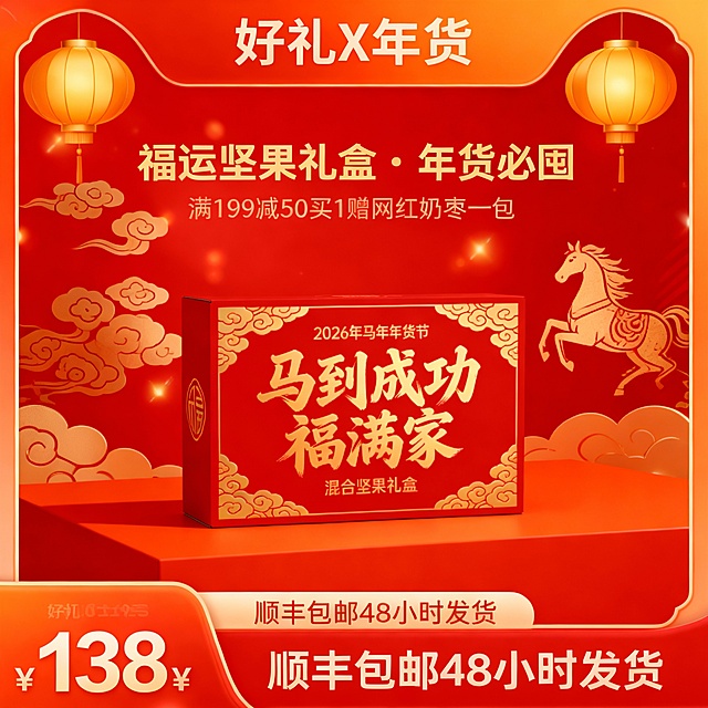 马年年货节零食促销海报，画面边缘有橙红渐变边框，顶部色块有“好礼 X 年货”，主体后面背景有正红底色搭配鎏金祥云纹样和奔马纹样；

主体在画面中央，主体摆在橙红台面上；

背景悬浮金色灯笼光效，画面上有金色主标题 “福运坚果礼盒・年货必囤”，下面有淡黄色副标题 “满 199 减 50 买 1 赠网红奶枣一包”，画面底部栏红色撞色块标注 “顺丰包邮 48 小时发货”，左下角价格标签138¥