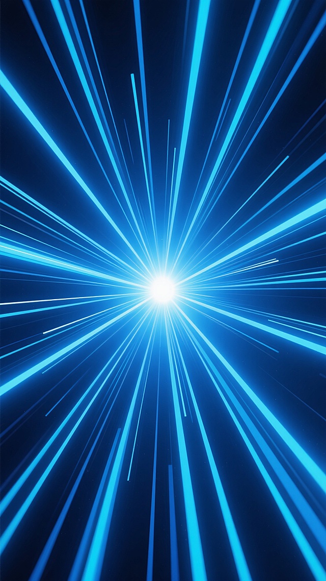 一张充满未来感的放射光背景图，画面中心有一个明亮的白色光点，无数条蓝色的光线从中心向四周呈放射状延伸，光线粗细不一，排列整齐，形成强烈的视觉冲击力。背景是深邃的深蓝色，与明亮的光线形成鲜明对比，整体给人一种速度感和科技感。