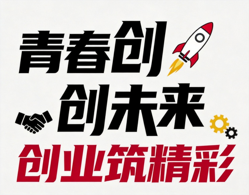 参考图二的创意排版版式，美化左一图片的标语"青春创未来 创业筑精彩"，保留原文字内容和黑红配色，为标语添加契合青年创业主题的相关装饰小元素，优化排版构图，保持干净浅灰色背景，文字完整不裁切，排版美观协预览效果