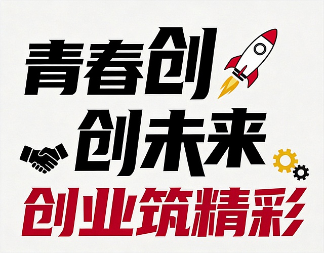 参考图二的创意排版版式，美化左一图片的标语"青春创未来 创业筑精彩"，保留原文字内容和黑红配色，为标语添加契合青年创业主题的相关装饰小元素，优化排版构图，保持干净浅灰色背景，文字完整不裁切，排版美观协调