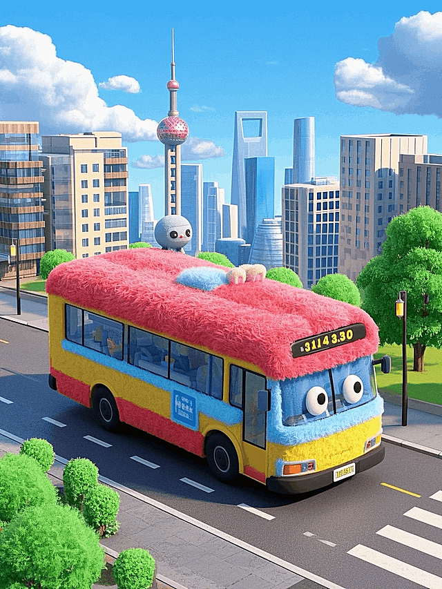 一辆超现实的公交车,在上海城市街道上平稳行驶，背后是东方明珠的城市景观，春天。