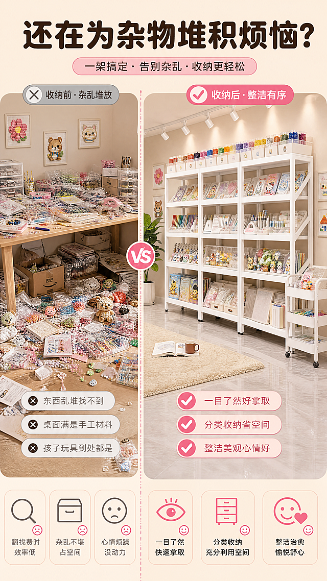 [商品] 使用【图1】白色多层落地收纳置物架；保留白色钢架、层板、倾斜展示层、侧边推车的结构与颜色；商品处理：保留产品原貌，用于右侧收纳后场景展示，增强整洁感。
[画面] 页面目标：痛点对比，展示杂乱堆放vs收纳后整洁的强烈对比。构图：左右分栏对比版式，左45%痛点场景，右55%解决后场景，顶部标题区。景别中景。阅读动线从左到右再向下。左侧：散落的串珠、拼图、工具堆满桌面地面的杂乱场景；右侧：同款房间使用置物架后整洁有序的场景。上下各加2组小图标对应痛点与收益。
[视觉] 套系策略：风格=温馨奶油风家居商业摄影；标题字=粗黑体圆润字形；正文字=清晰无衬线黑体；主色=奶白色+暖米杏；背景延展=基于暖米杏做深浅层级、同色渐变和细腻墙面/织物质感；强调色=樱花粉，仅用于小面积图标、引线和标签；标题色=深暖棕；正文色=中暖灰；组件=圆角浅底信息卡、细线引线、胶囊标签；光影=左前侧暖柔光。
[文字] 顶部主标题「还在为杂物堆积烦恼？」，左侧痛点区3个短标签：东西乱堆找不到、桌面满是手工材料、孩子玩具到处都是；右侧解决区3个对应收益标签：一目了然好拿取、分类收纳省空间、整洁美观心情好。文字全部横排。
[规格] 图片比例9:16竖版，4K分辨率，拼多多风格接地气高信息密度，避免变形、错字、文字过小、冷蓝/蓝灰背景、产品颜色改变、极限词。