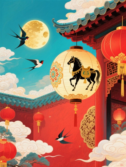 主体是球形宫灯（灯面上绘制披挂鎏金华丽鞍具的黑色奔马图腾和宝相花纹），宫灯悬挂在传统中式庭院的屋檐下，周围点缀红灯笼与金色流苏。背景为正红底 + 金色满月，天空中飞着几只飞燕，色调以红、金、青蓝为主。预览效果