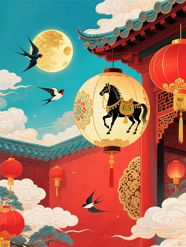 主体是球形宫灯（灯面上绘制披挂鎏金华丽鞍具的黑色奔马图腾和宝相花纹），宫灯悬挂在传统中式庭院的屋檐下，周围点缀红灯笼与金色流苏。背景为正红底 + 金色满月，天空中飞着几只飞燕，色调以红、金、青蓝为主。画面呈现温馨的春节庭院氛围。