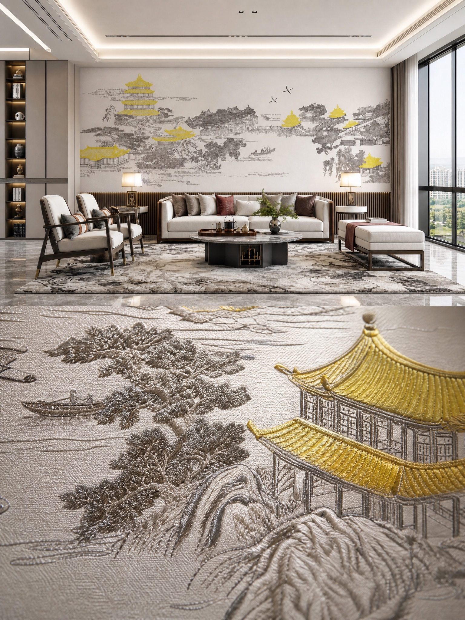图片上下分屏拼接，上半部分保留原图的客厅场景图完整展示，下半部… - 图片创意预览