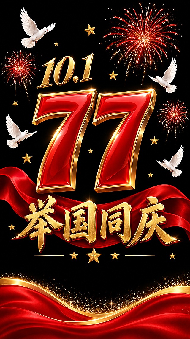 第5扇玻璃贴：黑色背景，画面中央是红色立体数字77配金色描边，数字上方有10.1金色字样，周围有白色和平鸽、金色星星、红色烟花装饰，下方是金色举国同庆四个大字配红色丝带和金色星星，底部有红金双色波浪飘带，高清精致，单扇独立完整画面