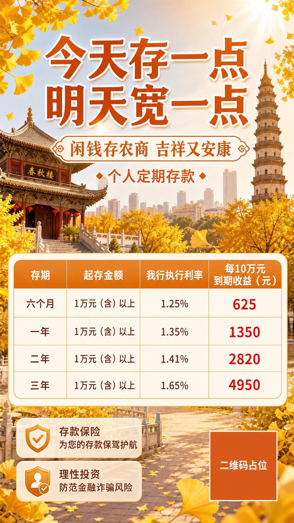 一张竖版9:16个人定期存款产品宣传海报，背景为许昌标志性建筑… - 图片创意预览