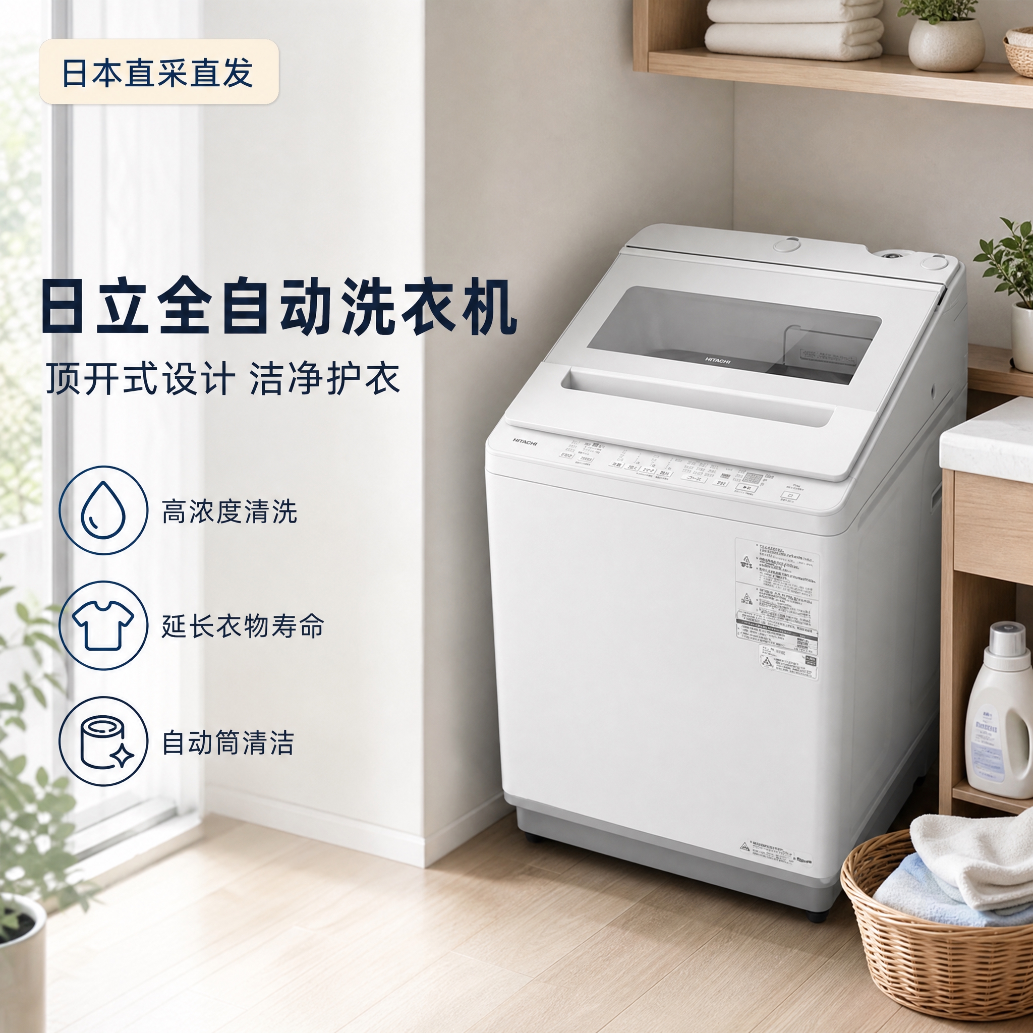 [单张主图] 日立全自动顶开式洗衣机 安装场景主图 高级氛围感… - 图片创意预览
