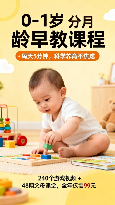 下面是我的商品详情页文案，请根据文案帮我设计商品详情页展示图。
0-1岁分月龄早教课程 · 每天5分钟，科学养育不焦虑

240个游戏视频 + 48期父母课堂，全年仅需99元



你是否也有这些困扰预览效果
