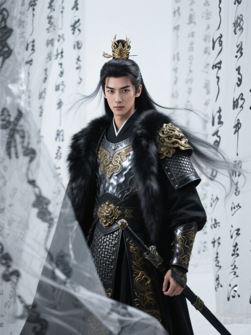 五官精致的古风男修真者，护额，鎏金螭纹发冠束起黑银色渐变长发，锐利眼神注视前方，穿着黑银色琉璃战甲，服饰鎏金纹饰繁复精致，披皮裘大衣。手扶腰间黑色金属剑鞘。全身。背景无数透明黑银色丝绸文字，人物仿佛从预览效果