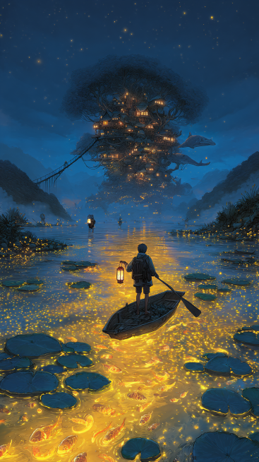 Wide-angle, low perspective shot of a magical night journey. From behind, we see a small child in ru预览效果