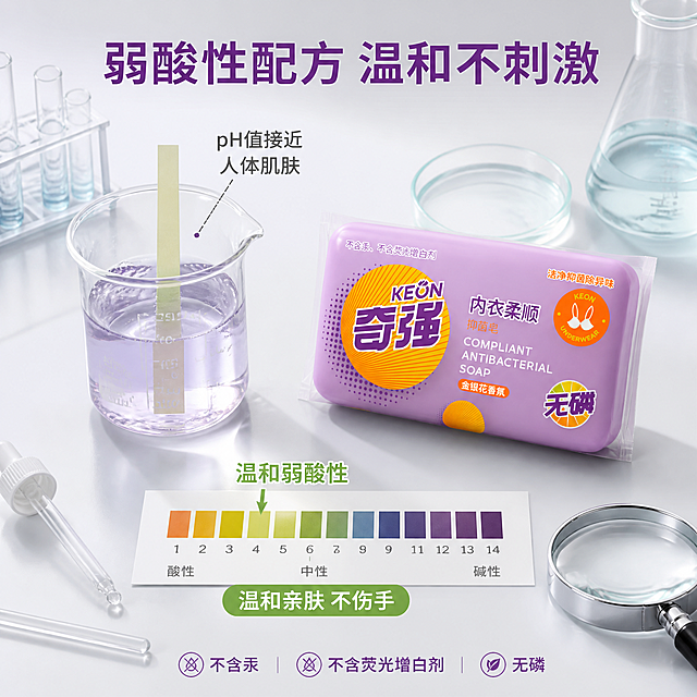 [主图-2] 奇强内衣皂pH值温和测试图
[氛围风格] 科学实验感 专业可信 品质证明
[画质] 商业实验摄影质感 高清清晰 专业严谨
[元素] 画面展示实验室风格的测试场景 白色实验台面上 一个玻璃烧杯中装着淡紫色透明液体 是奇强内衣皂溶解后的溶液 烧杯中插着一张pH试纸 试纸呈淡绿色 显示弱酸性温和pH值 旁边放着完整的奇强内衣柔顺抑菌皂 产品外观与输入图完全一致 紫色包装清晰 还有一个小的pH值色卡对比图 显示从酸性到碱性的颜色渐变 用箭头指向试纸位置 标注"温和弱酸性" 台面上还有滴管 玻璃搅拌棒 放大镜等实验器材 背景是浅蓝灰色渐变 整体专业可信 证明产品温和不刺激
[光影] 顶部均匀冷白光 实验台明亮清晰 玻璃器皿有通透反光 产品有自然阴影 整体干净专业
[配色] 主色调白+浅蓝灰 辅助色淡绿色试纸 产品紫色+橙黄色 强调色绿色温和标识 整体专业清爽
[视角构图] 45度俯视角度 烧杯和试纸为视觉中心 产品在右侧 实验器材环绕 构图专业有序
[文字版式] 顶部大标题"弱酸性配方 温和不刺激" 深紫色粗体大字 居中 烧杯旁标注"pH值接近人体肌肤" 深灰色小字 pH色卡旁写"温和亲肤 不伤手" 绿色字 底部一行小字"不含汞 不含荧光增白剂 无磷" 文字清晰 不遮挡产品和实验主体
[输出要求] 1:1比例 文字清晰 超高清实验摄影质感
[负向提示词] 变形 文字错乱 产品模糊 背景杂乱 水印 平台Logo 多余人物 手部畸形